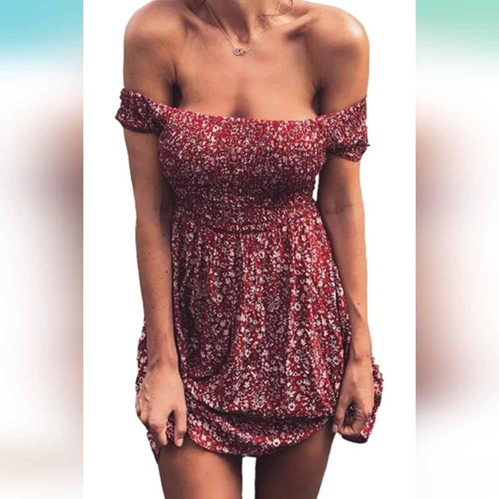 Floral Off-Shoulder Mini Dress - Red